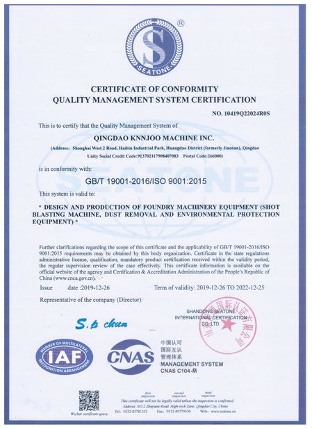 China Qingdao Knnjoo Machine Inc Certificaten